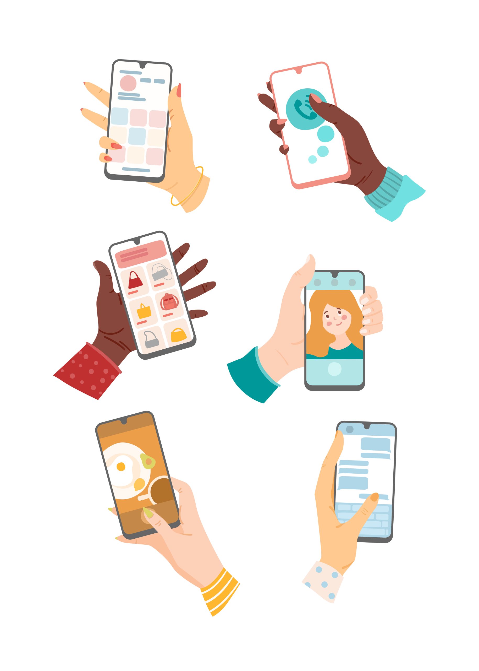 Hands of users with mobile phones set scaled