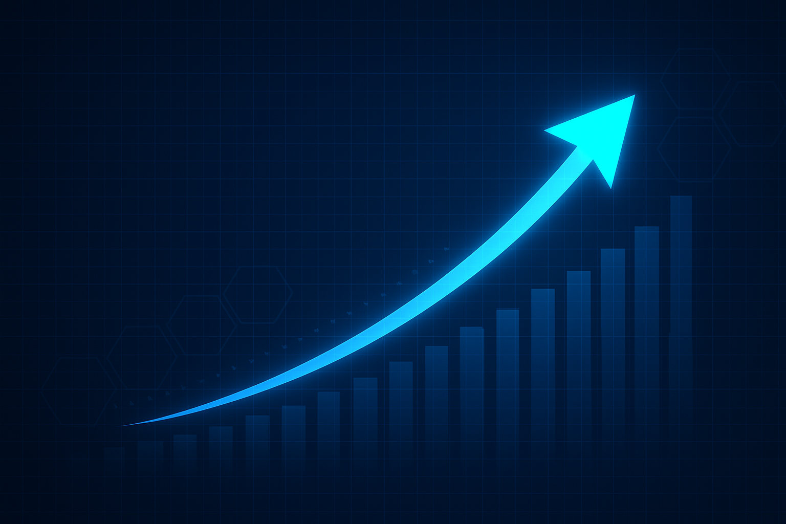 Gráfico em tons de azul sobre fundo escuro. Barras verticais sobem da esquerda para a direita, representando crescimento constante. Uma seta curva e brilhante acompanha esse movimento, apontando para cima — simbolizando evolução, alta performance e resultados positivos.