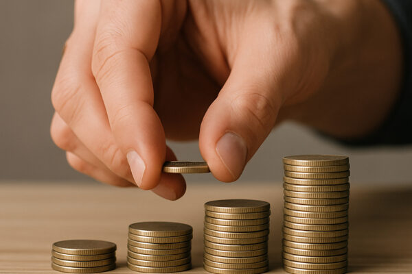 Uma mão humana está empilhando moedas douradas sobre uma superfície de madeira clara. À frente da mão, há quatro pilhas de moedas, organizadas em ordem crescente da esquerda para a direita, representando crescimento financeiro. No canto inferior direito da imagem, aparece o logotipo da SGN Sistemas e Tecnologia.