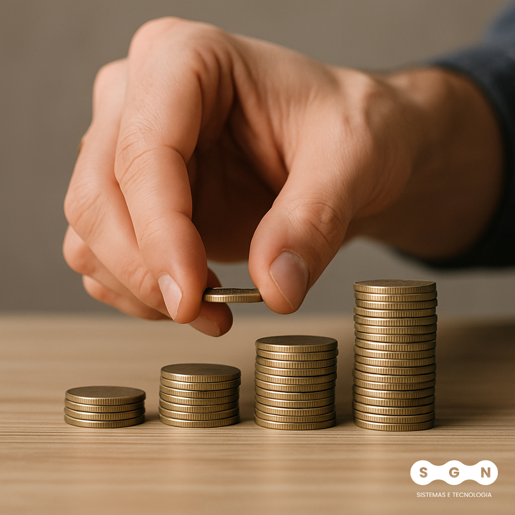 Uma mão humana está empilhando moedas douradas sobre uma superfície de madeira clara. À frente da mão, há quatro pilhas de moedas, organizadas em ordem crescente da esquerda para a direita, representando crescimento financeiro. No canto inferior direito da imagem, aparece o logotipo da SGN Sistemas e Tecnologia.