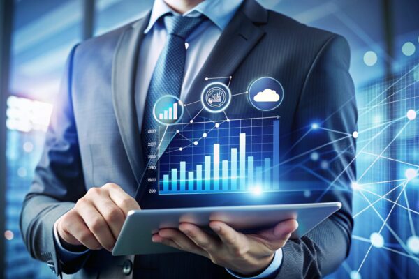 Imagem mostra um Empresário usando tablet com gráficos digitais suspensos