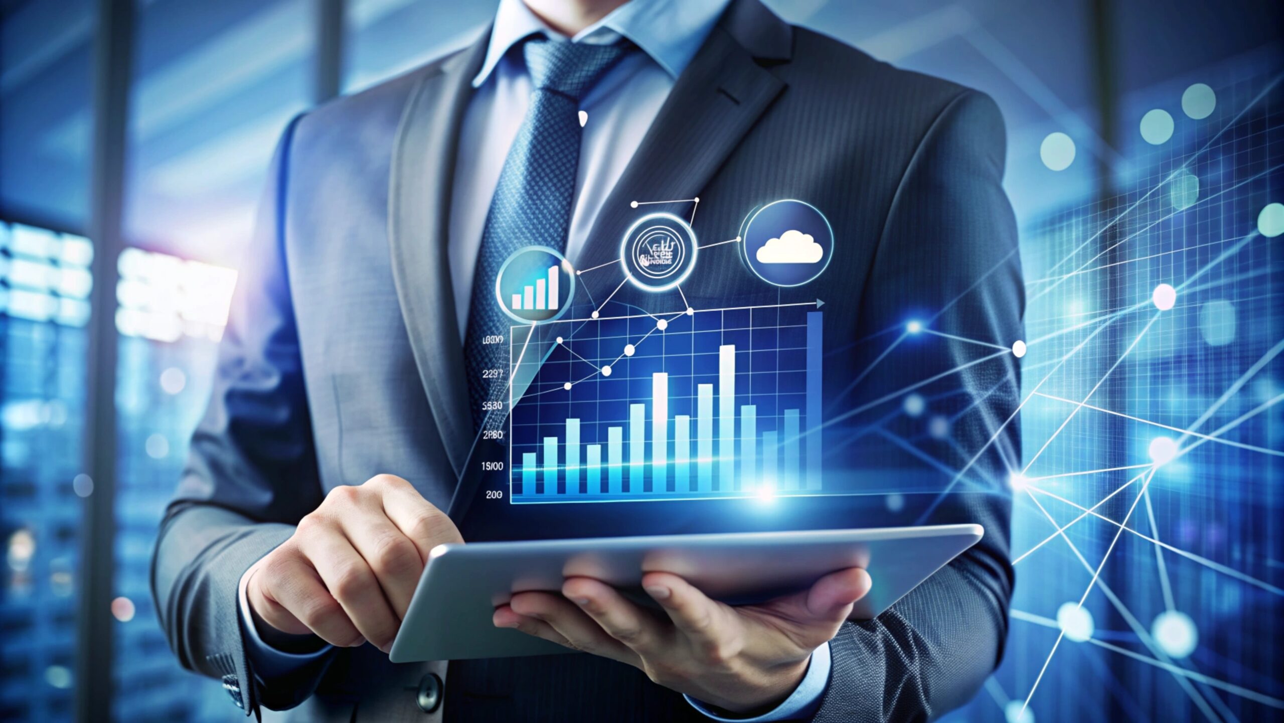 Imagem mostra um Empresário usando tablet com gráficos digitais suspensos